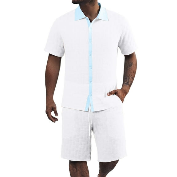 European And Color Blocked Jacquard Lapel Short Sleeved Shirt Shorts Men's Suit Casual, Loose Polyester Multiple Sizes