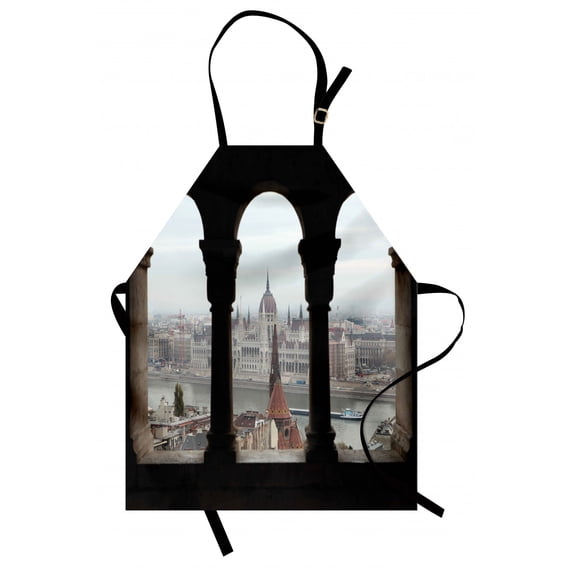 European Apron Hungarian Parliament on the Embankment of the Danube from Ancient Balcony Image, Unisex Kitchen Bib Apron with Adjustable Neck for Cooking Baking Gardening, Multicolor, by Ambesonne