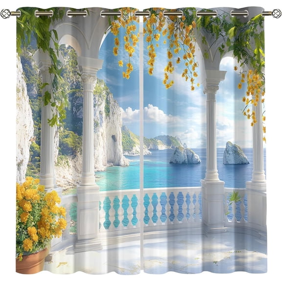 European Arch Blackout Curtains, Roman Column Landscape Window Drapes for Bedroom Living Room Kitchen, Mediterranean Curtains 26"W x 45"L (Pack of 2)