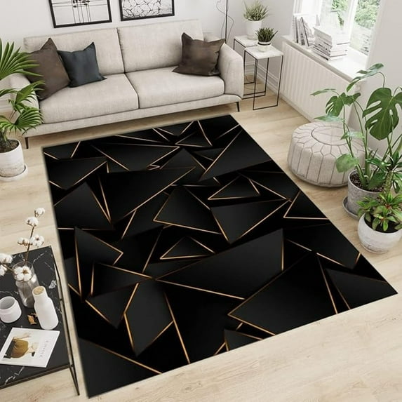 European Black Gold Irregular Lines Area Rug, Modern Art Style Living Room Rugs, With Anti-Slip Backing Washable Indoor Carpet For Bedroom Dining Room Nursery Home Office 2x3ft
