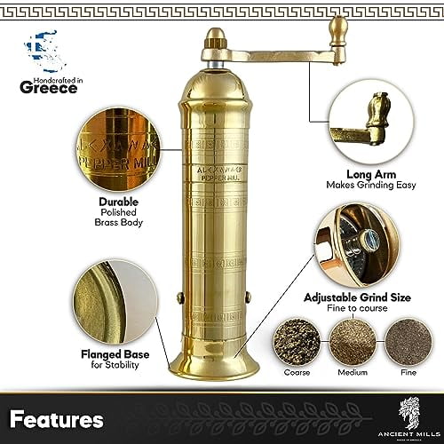 European Brass 8" Pepper Mill Handcrafted Manuel Brass Pepper Spice