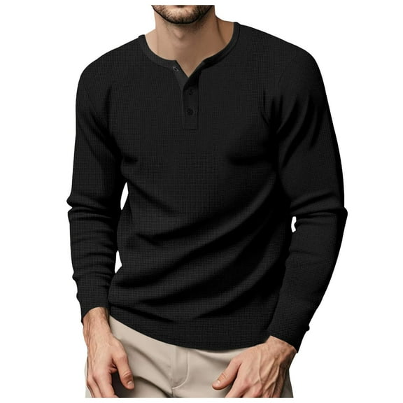 European Business Men Loose Fit Long Sleeve T-Shirt Solid Color Open Neck Button Down Casual Comfortable Sports Top Men's Lightweight Crewneck Tee Tops