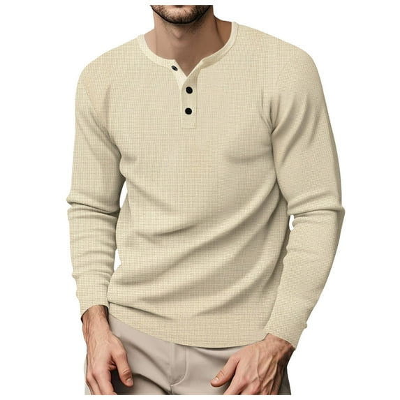 European Business Men Loose Fit Long Sleeve T-Shirt Solid Color Open Neck Button Down Casual Comfortable Sports Top Men's Lightweight Crewneck Tee Tops