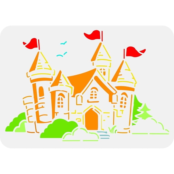 European Castle Painting Stencil 8.3x11.7inch Reusable Grass Tree Bird Template with Brush Decorative Castle Flag Pattern Stencil Banksy Theme Template for Painting on Wood Canvas colorful