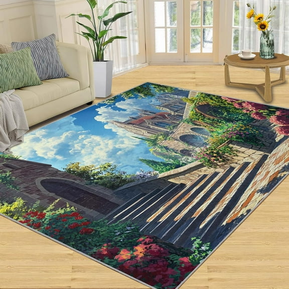European Castle Rugs for Bedroom - Landscape Rug, Vines Carpet for Living Room, Flowers Area Rugs, Stone Steps Carpet, Blue Sky Clouds Home Decor & Gifts 2x3ft