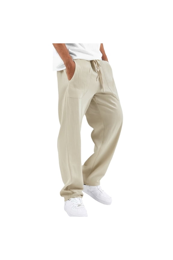 European Casual Linen Hop Beach Pants for Men Comfortable Loose Fit Foreign Trade Sports Trousers Lightweight Breathable Summer Men's Active Pants Beach Loose Trousers Adjustable Waist