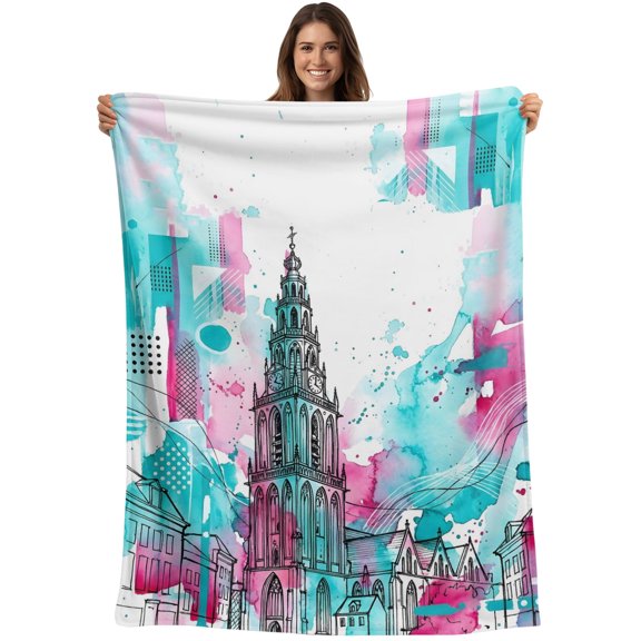 European Cathedral Blanket Soft Cozy Warm Throw Blanket for Couch, Plush Fuzzy Flannel Blankets for Sofa, Watercolor Teal Pink Splash Abstract Art Bed Blankets Lightweight Gifts for Women, 30"x40"