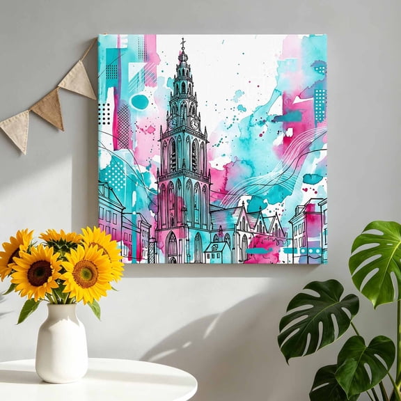 European Cathedral Canvas Wall Art for Living Room, Art Watercolor Splash Teal Pink Sketch Lines Poster Print Painting for Bedroom Office Home Decoration Wall Pictures Prepare To Hang 8"x8"