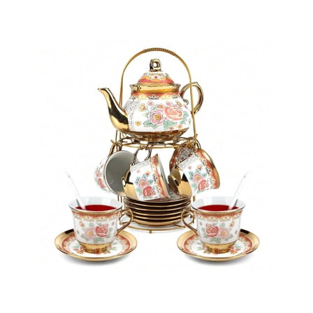 European Ceramic Tea Set For 6 People,20Pcs Porcelain Tea Set With Metal Stand,Vintage Floral Tea Cup And Saucer,Complete Gift Set With Teapot,Spoons For Wedding,Bridal Shower,Afternoon Tea (Gold)