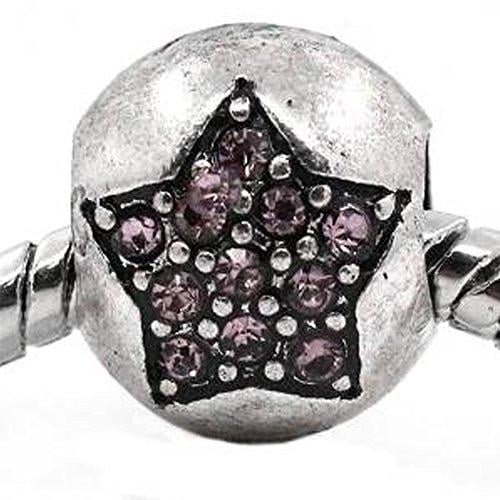 European Charm Beads Antique Silver Star Carved Mauve Rhinestone
