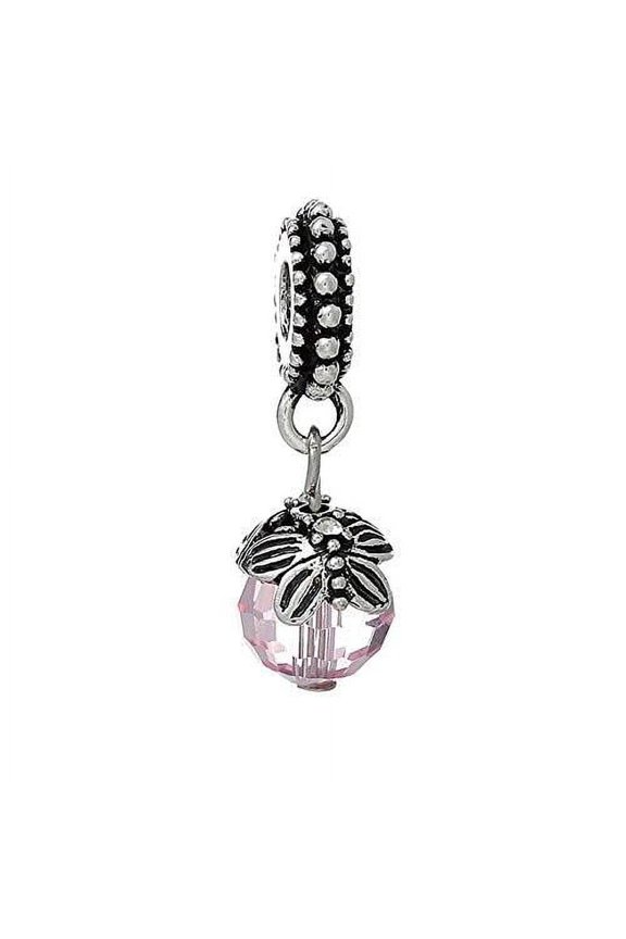 European Charm Dangle Bead Round Antique Silver Wih Light Pink Acrylic Ball