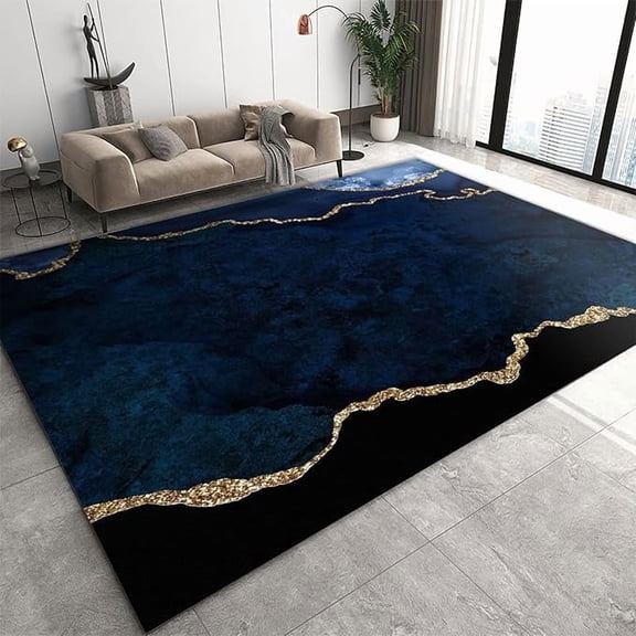 European Chic Luxury Art Area Rug, Black Gold Blue Marble Print Large Rugs, Machine Washable Breathable Durable Carpet for Room Sofa Living Room Mat Bedroom Home Decor Floor Mats 2 x 3ft