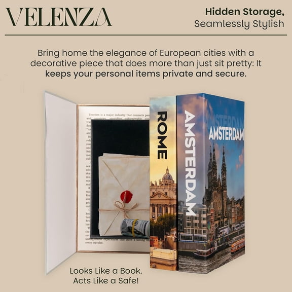 European Cities Decorative Book Set of 3 – Velvet-Lined Hidden Compartment for Keepsakes – Stylish and Functional Fake Decor Books – Travel-Inspired Coffee Table Books Decor (12 x 8 x 1.5 in)