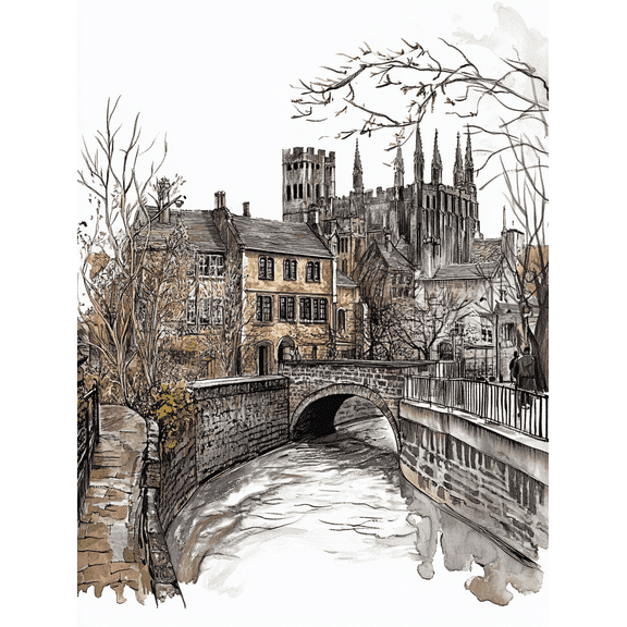 European Cityscape Bridge and Cathedral Watercolor Painting Print Perfect for Living Room Bedroom Office Hallway and Bathroom Decor.