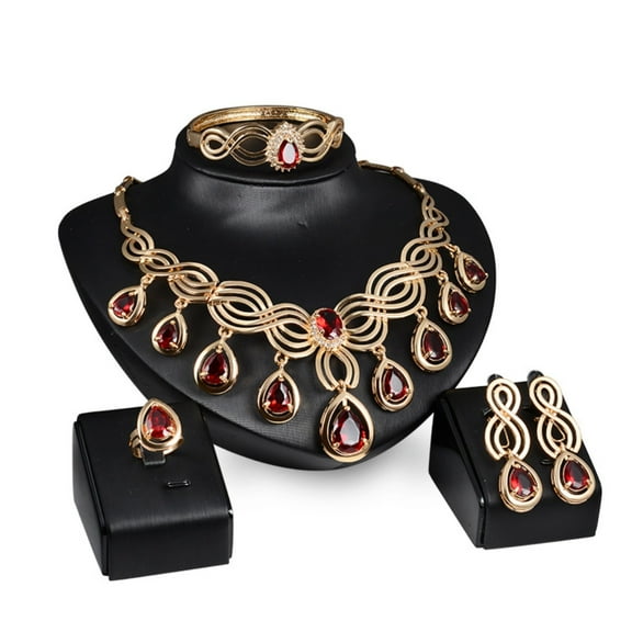 European Classic Jewelry Set For Women Elegant Red K Gold Chain Necklace Earrings Bracelet Formal Party Dress Accessories