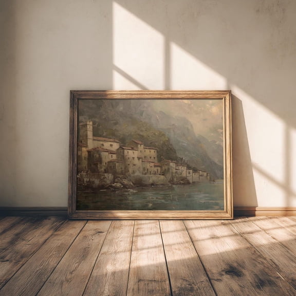 European Coastal Village Wall Art Print, Dark Academia, Victorian Aesthetic, Old Town, Antique Moody Mountain, Coastal Office And Home Decor