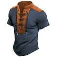 thumbnail image 1 of European Color Block Men's V Neck T Shirt Casual Comfortable Short Sleeve Stand Up Collar Drawstring Open Design Breathable Soft Fabric Mens T-Shirts Summer Lightweight Tee Tops, 1 of 2