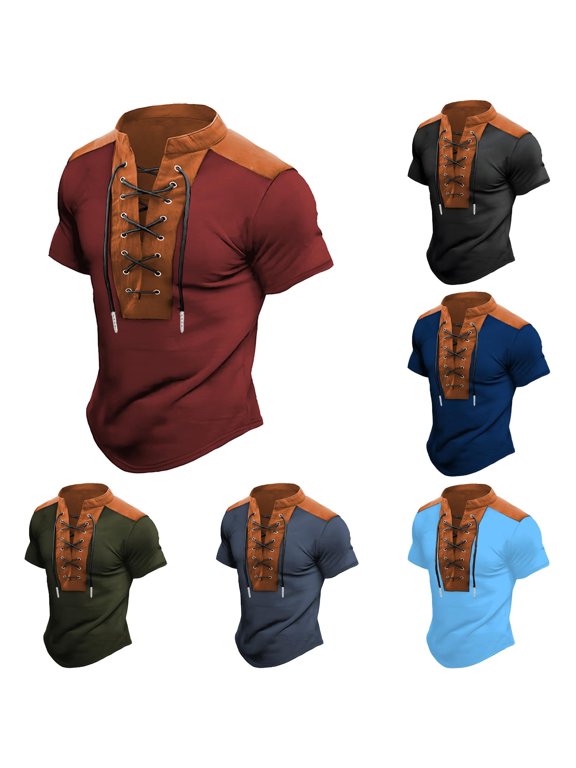 European Color Block Stand Up Collar Open V Neck Shirt For Men Casual Comfortable Foreign Trade Short Sleeved Tennis T Shirt
