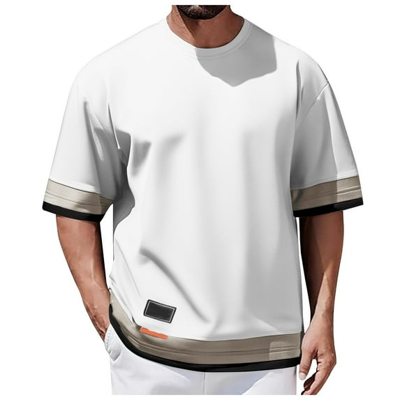 European Color Blocked Round Neck T Shirt for Men Business Casual Loose Fit Comfortable Short Sleeve Tee Mens Casual Crew Neck Basic Tees
