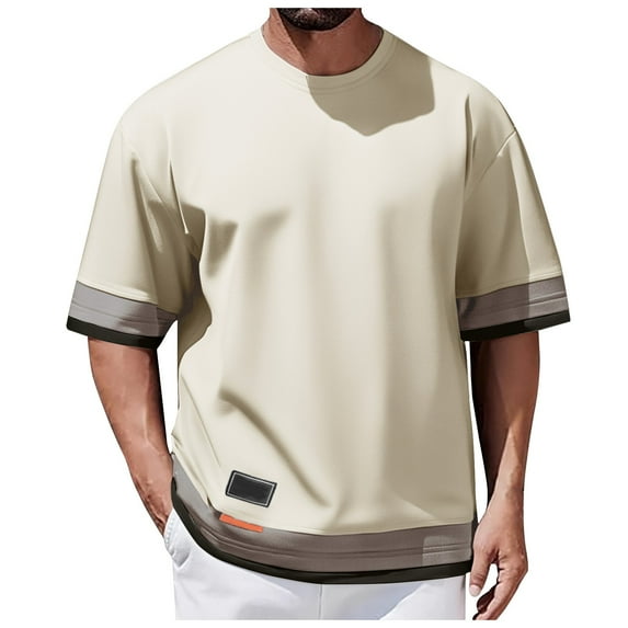 European Color Blocked Round Neck T Shirt for Men Business Casual Loose Fit Comfortable Short Sleeve Tee Mens Casual Crew Neck Basic Tees