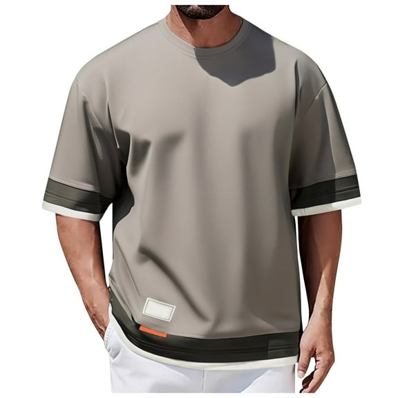 European Color Blocked Round Neck T Shirt for Men Business Casual Loose Fit Comfortable Short Sleeve Tee Mens Casual Crew Neck Basic Tees