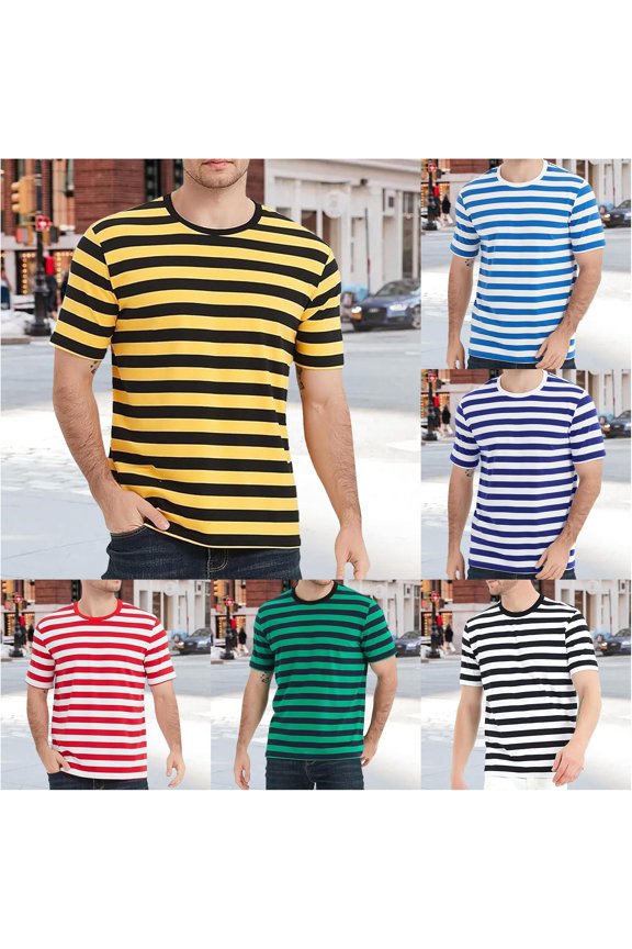 European Color Blocked Striped Men Casual Loose Comfortable Foreign Trade Business Sports Round Neck Short Sleeved T Shirt