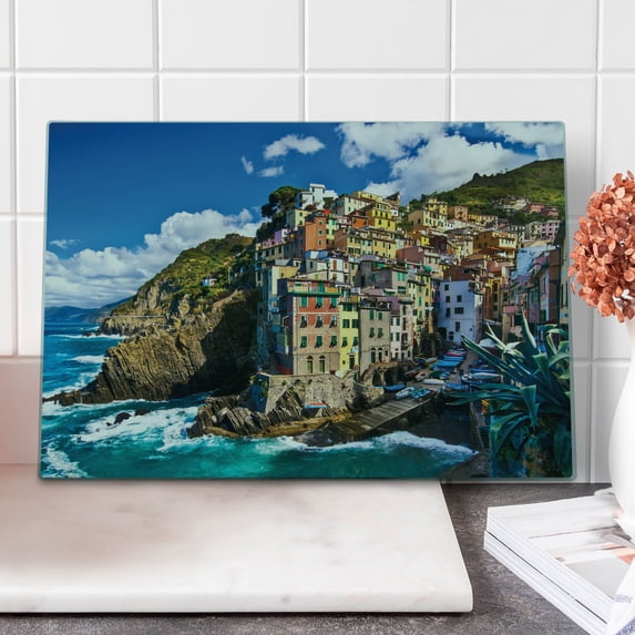 European Cutting Board, Italian Mediterranean House by Cliffs Dramatic Weather Sea Cinque Terre Print, Decorative Tempered Glass Cutting and Serving Board, Large Size, Multicolor, by Ambesonne