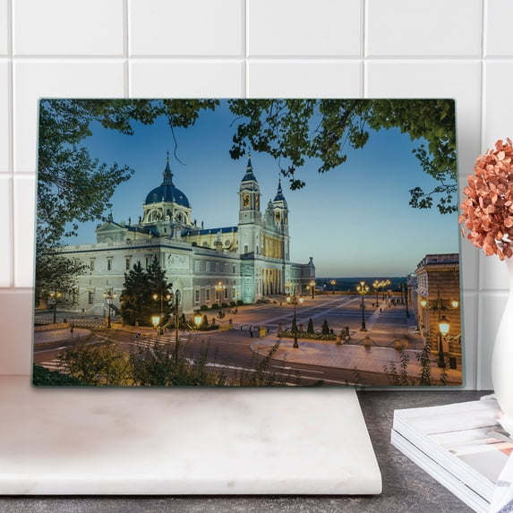 European Cutting Board, Old and Royal Palace in Madrid Mediterrenean City Europe Urban Print, Decorative Tempered Glass Cutting and Serving Board, in 3 Sizes, by Ambesonne