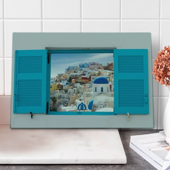 European Cutting Board, Old Shutters of Window View Traditional Greek Village Heritage Culture, Decorative Tempered Glass Cutting and Serving Board, Large Size, Multicolor, by Ambesonne
