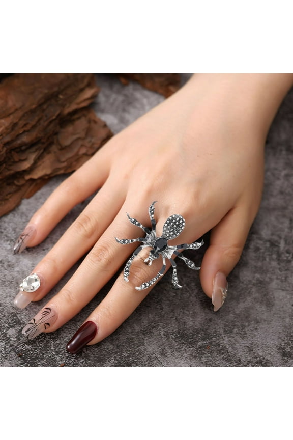 European Dark Halloween Personality Spider Ring Cold Style Fashion Open Forefinger Ring Small Gem Alloy Silver Tone