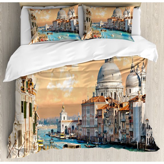 European Duvet Cover Set Queen Size, Grand Canal in Venice Italy Historic European Cityscape Town Tower Boho Print, Decorative 3 Piece Bedding Set with 2 Pillow Shams, Multicolor, by Ambesonne