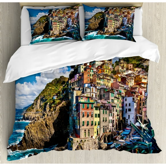 European Duvet Cover Set Queen Size, Italian Mediterranean House by Cliffs Dramatic Weather Sea Cinque Terre Print, Decorative 3 Piece Bedding Set with 2 Pillow Shams, Multicolor, by Ambesonne