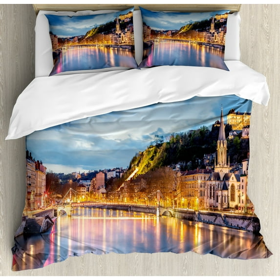 European Duvet Cover Set Queen Size, View of Saone River in Lyon City at Evening France Blue Hour Historic Buildings, Decorative 3 Piece Bedding Set with 2 Pillow Shams, Multicolor, by Ambesonne