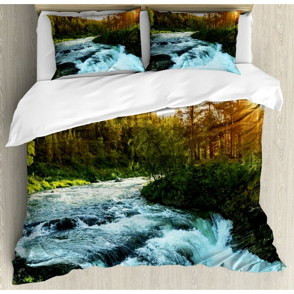 European Duvet Cover Set, River in Norway Sunrise Sunbeams Through Pine Trees Springtime Scenic, Decorative 3 Piece Bedding Set with 2 Pillow Shams, King Size, Apple Green Pale Blue, by Ambesonne