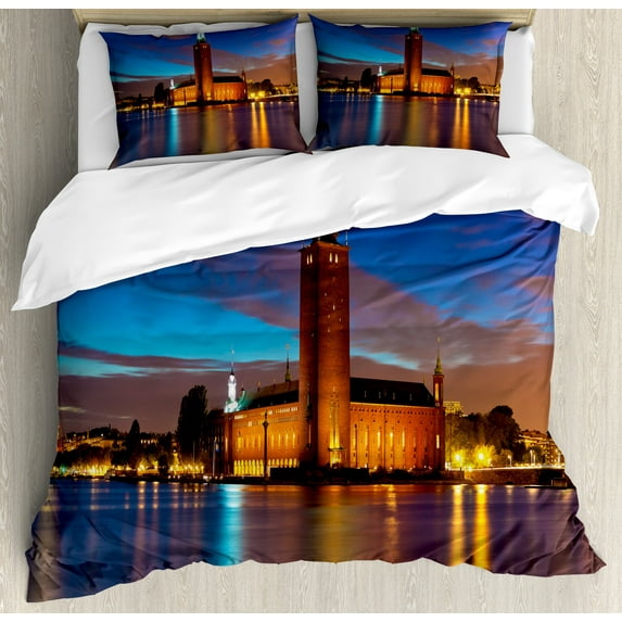 European Duvet Cover Set, Stockholm Scenic Night at City Hall Old Town Enchanted Town Sweden View, Decorative 3 Piece Bedding Set with 2 Pillow Shams, Calking Size, Blue Cinnamon Mauve, by Ambesonne