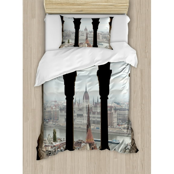 European Duvet Cover Set Twin Size, Hungarian Parliament on the Embankment of the Danube from Ancient Balcony Image, Decorative 2 Piece Bedding Set with 1 Pillow Sham, Multicolor, by Ambesonne