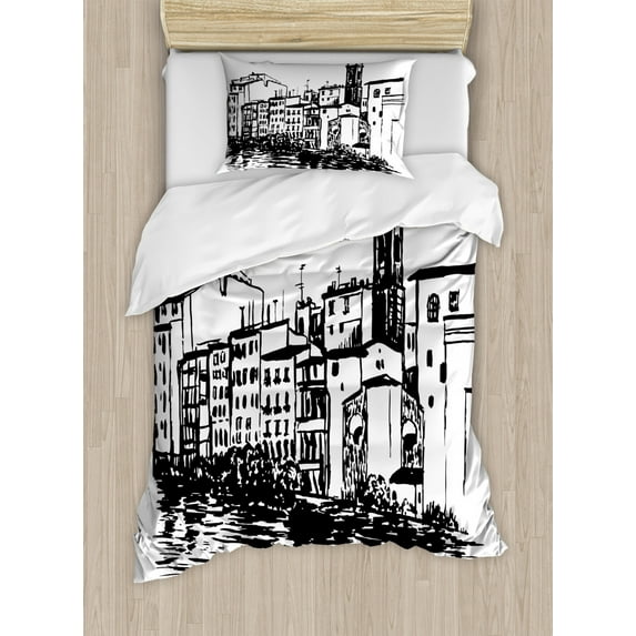 European Duvet Cover Set Twin Size, Venice City Sketch Style Hand Drawn Historical Buildings Tourist Town Picture, Decorative 2 Piece Bedding Set with 1 Pillow Sham, Black White, by Ambesonne
