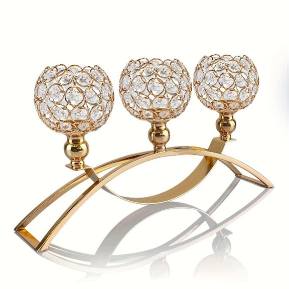 European Electroplated Gold Three-Head Arch Crystal Candle Holder, Hotel and Home Decoration, Romantic Candlelight Dinner Candle Holder Ornament Gold