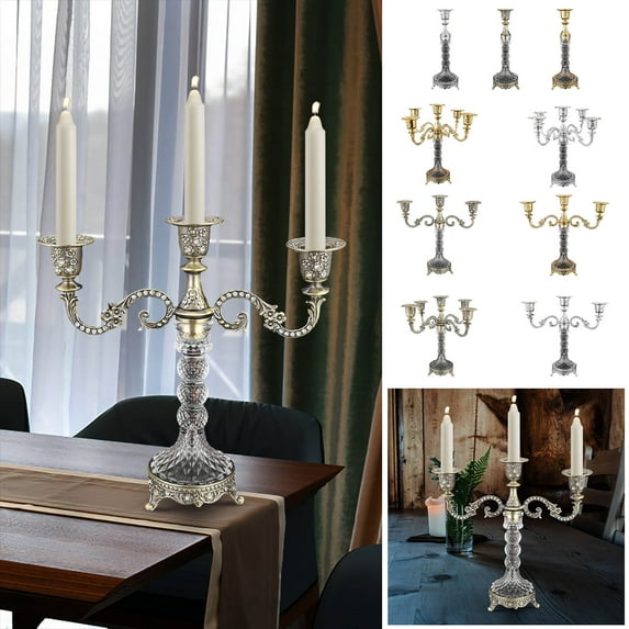 European Elegant Metal Taper Candle Holders Vintage Romantic 3-Arm Gold Candelabra Candlestick Candle Light for Wedding Christmas Party Home Dining Table Centerpiece Decoration