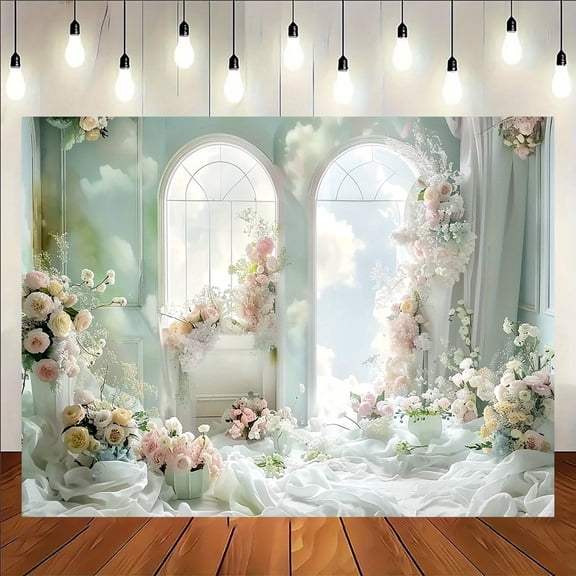 European Elegant Room Wedding Backdrop Floral Arch French Window Bridal Shower Photography Background Spring Green Wall Engagement Birthday Party Decorations Banner Photo Booth Props