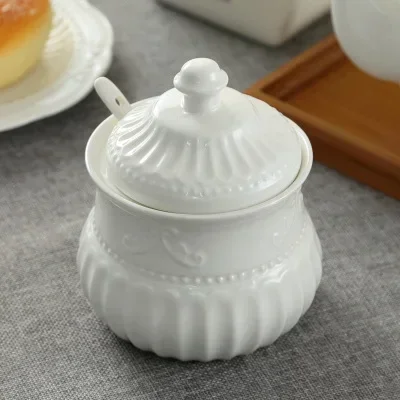 European Embossed Leaf Pattern White Ceramic Coffee Teapot Restaurant Household Bone China Coffee Pot Cup Toffee Jar
