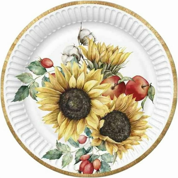 European Excellency, AUTUMN SUNFLOWERS Dessert Plate, Disposable Floral Party Paper Plates, Summer Party Supplies for Birthdays, Weddings, Showers, and Other Events, Sunflower Theme - 7 inch (24pcs)