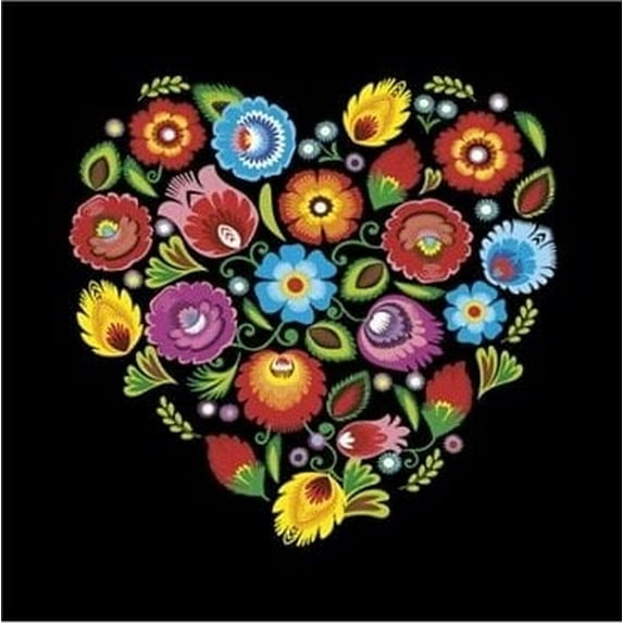 European Excellency Folk Heart on Black Lunch Napkins – 3-Ply Paper Napkins, Wedding Napkins & Disposable Table Napkins 40 Count