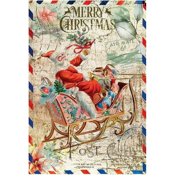 European Excellency, Vintage Christmas Decoupage Paper for Furniture & Crafts, Christmas Rice Paper for Decoupage, Junk Journals & Scrapbooking, Craft Supplies, A4 (Santa Sleight Postcard - 2 Sheets)
