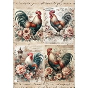 European Excellency, Vintage Decoupage Paper for Furniture and Crafts, Rice Paper for Decoupage, Scrapbooking Paper, Arts and Crafts Supplies, A4 Roosters in Flowers - 2 Sheets