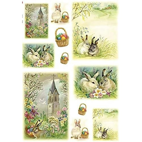 European Excellency, Vintage Easter Bunnies Decoupage Paper for Furniture & Crafts, Vintage Rice Paper, Decoupage, Junk Journals and Scrapbooking, Craft Supplies, A4 (Easter Bunnies - 2 Sheets)