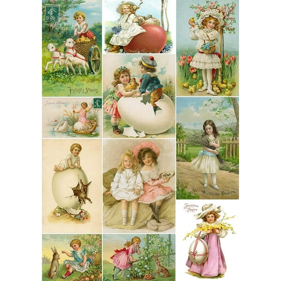 European Excellency, Vintage Easter Decoupage Paper for Furniture and Crafts, Rice Paper for Decoupage, Scrapbooking Paper, Arts & Crafts Supplies, A4 (Vinatge Easter Kids - 2 Sheets)