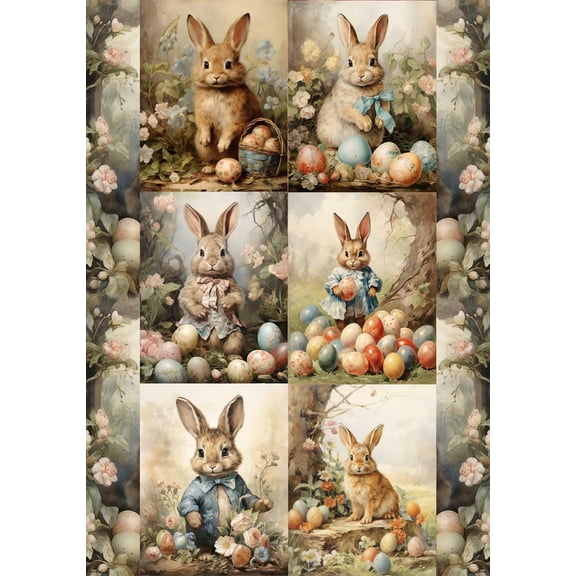 European Excellency, Vintage Easter Decoupage Paper for Furniture & Crafts, Rice Paper for Decoupage, Scrapbooking Paper, Arts Supplies, A4 (Easter Bunnies Vintage - 2 Sheets)