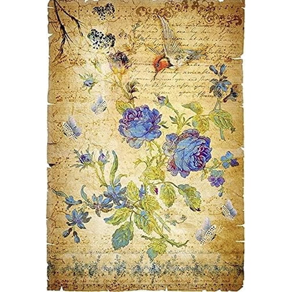 European Excellency, Vintage Floral Decoupage Paper for Furniture and Crafts, Floral Rice Paper for Decoupage, Junk Journals and Scrapbooking, A4 (Blue Flowers on Vintage Music Notes - 2 Sheets)