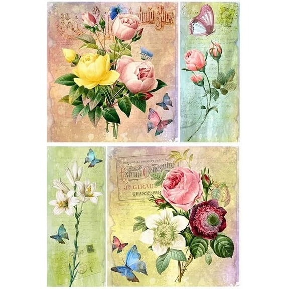European Excellency, Vintage Floral Decoupage Paper for Furniture and Crafts, Floral Rice Paper for Decoupage, Junk Journals and Scrapbooking, Artwork, A4 (Vinatge Roses with White Lilies - 2 Sheets)